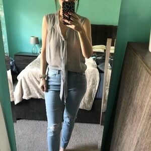 Loft Grey Geometric Dot Sleeveless Tie Neck Blouse Button Front Top Petite Small